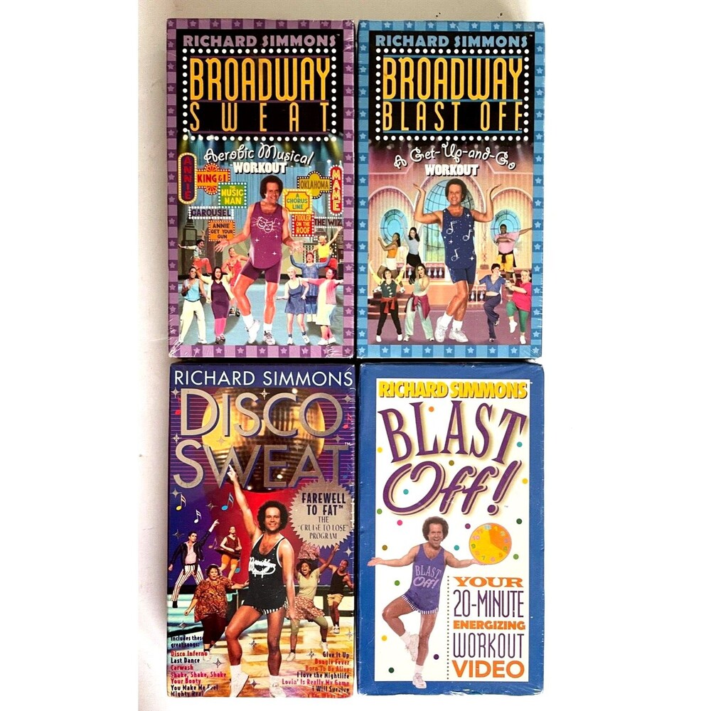 Richard Simmons 4 VHS Tapes Broadway Sweat, Blast Off, Disco Sweat Blast Off NEW